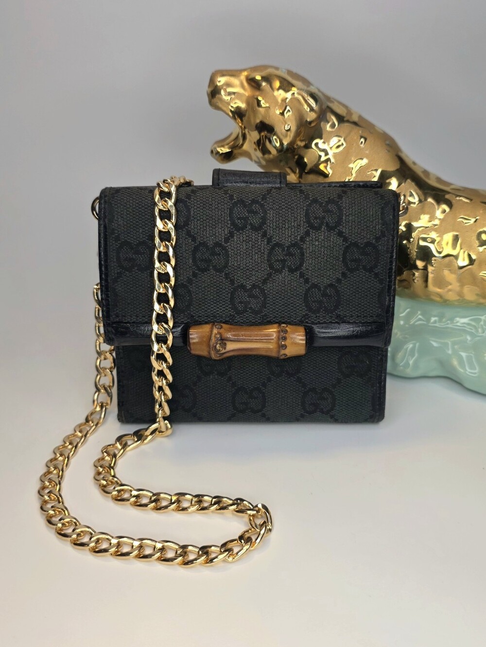 Gucci Black Bamboo Compact Canvas Wallet W/ Chain ✨️